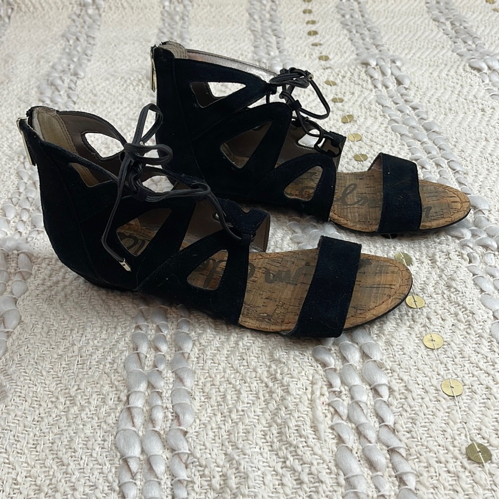 Sam Edelman Black Leather Gladiator Lace Up Flat Sandals